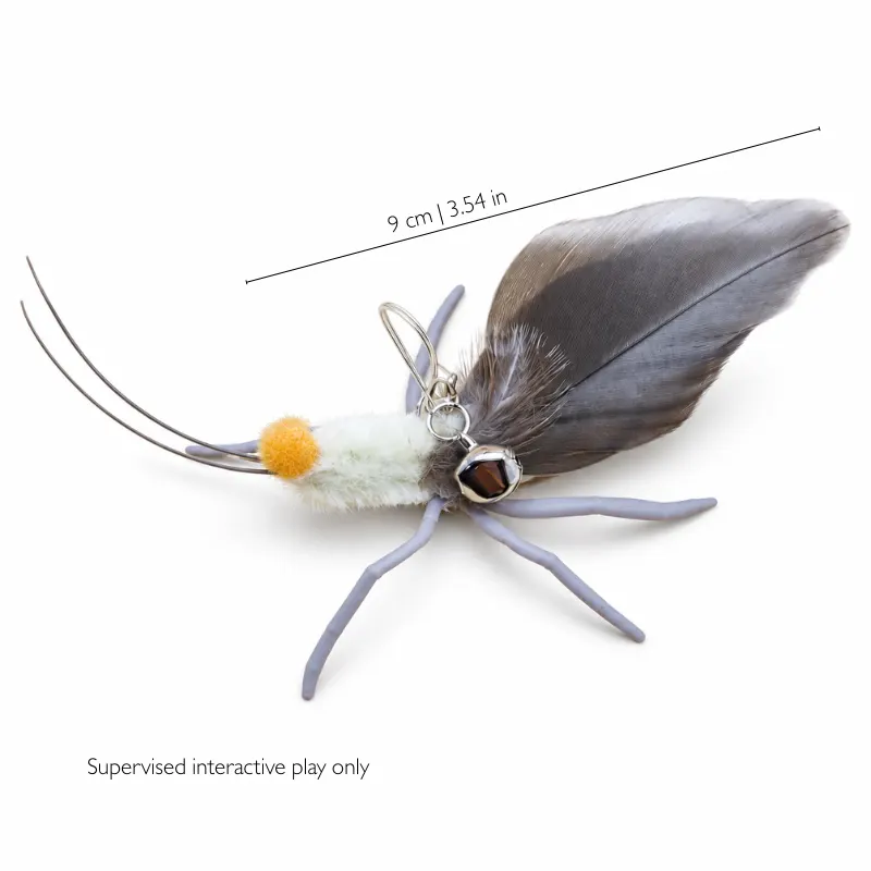 Gray grasshopper wand toy cat replacement lure showing insect-inspired body, antennae, legs, and feather wing details.