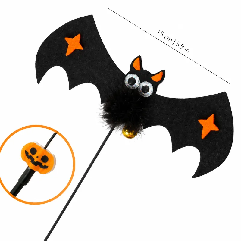 Halloween bat cat toy wand with felt wing design and lightweight teaser wand for cats interactive play.