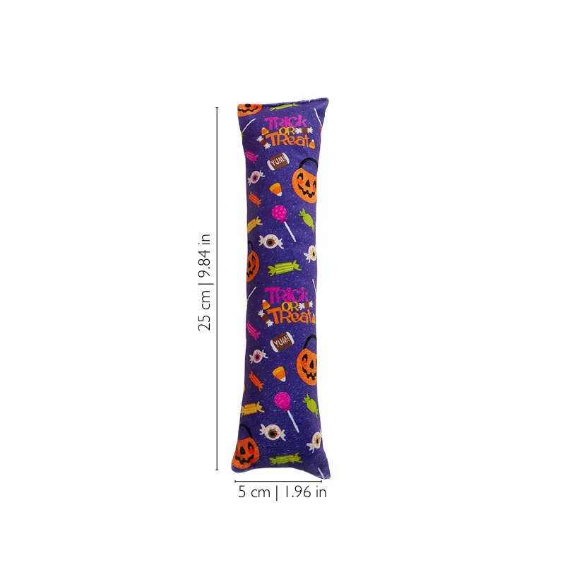 Halloween candy themed crinkle toy cat design showing the plush kicker size, made for interactive play with biting, hugging, and kicking movements.
