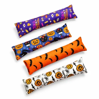 halloween-cat-kicker-toy-four-designs Four Halloween kicker cat toy designs featuring pumpkin, bat, candy, and black cat patterns for seasonal cat play and holiday gifting.