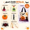 Gift Box A featuring pumpkin, spider, witch hat, potion bottle cat toys with sizes shown, a fun collection of halloween themed cat toys.