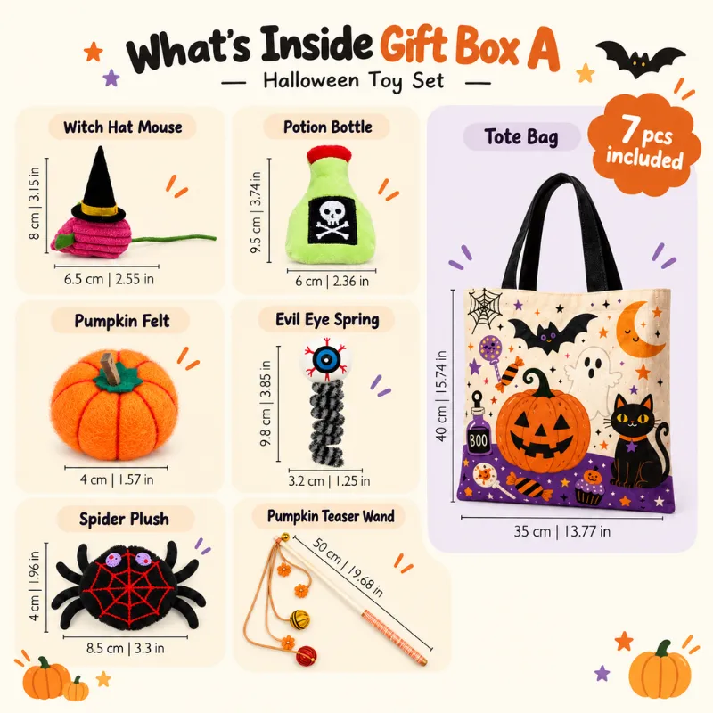 Gift Box A featuring pumpkin, spider, witch hat, potion bottle cat toys with sizes shown, a fun collection of halloween themed cat toys.