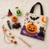 Halloween themed cat toys gift set A with witch hat mouse, potion bottle, pumpkin felt toy, spider plush and teaser wand.