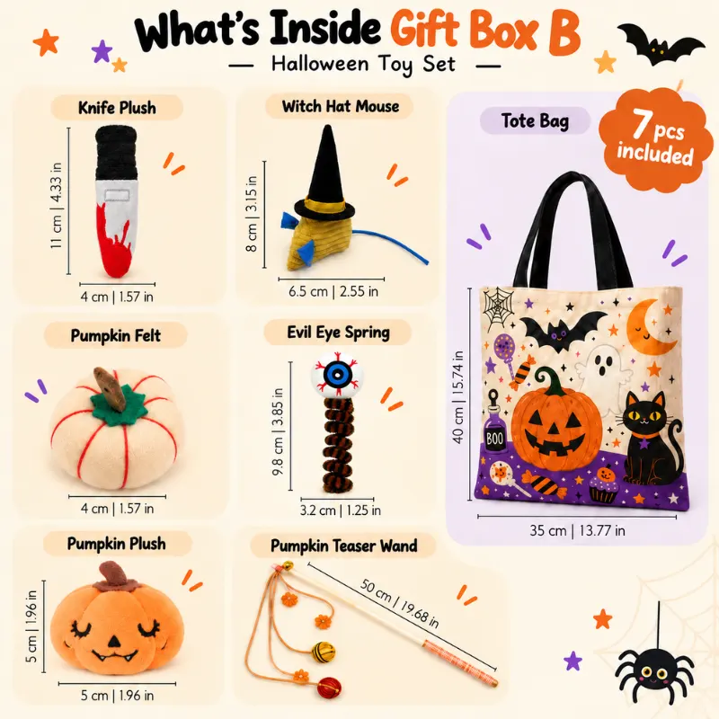 Gift Box B includes cute Halloween plush toys, interactive wand and seasonal cat accessories, a thoughtful gifts for cat owner choice.