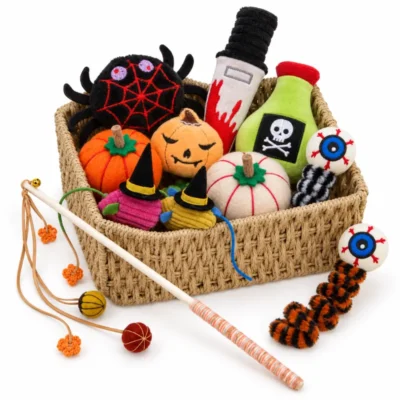 halloween-cat-toy-gift-box-with-plush-toys Halloween cat toy gift box filled with plush pumpkin, spider, ghost and interactive teaser wand toys for a festive cat celebration.