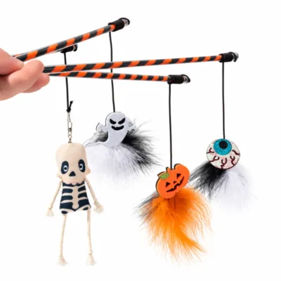 halloween-cat-toy-wand-four-character-set Halloween cat toy wand set featuring skeleton ghost pumpkin and evil eye feather designs for cats