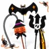 Halloween cat toy wands set with bat, pumpkin witch, and skeleton fork designs for cats chasing and interactive play.