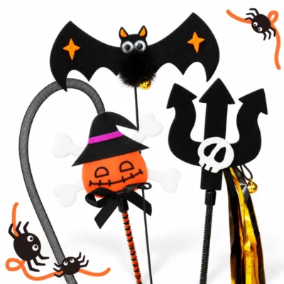 halloween-cat-toy-wands-bat-pumpkin-skeleton-set Halloween cat toy wands set with bat, pumpkin witch, and skeleton fork designs for cats chasing and interactive play.