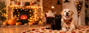 halloween-pet-toys-cat-dog-fall-celebration Black cat and white Labrador sharing a cozy Halloween moment in an autumn home with festive pet toys.