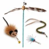interactive-cat-wand-four-prey-replacement-set-mouse-bird-insect Interactive cat wand with four prey replacement attachments including mouse, bird, caterpillar, and cicada toys for hunting games.
