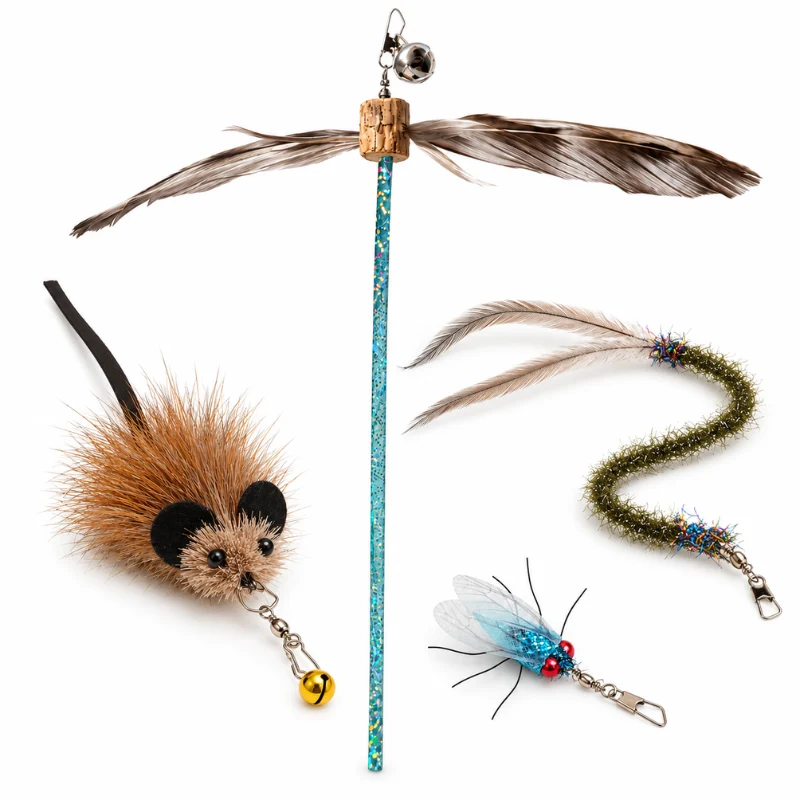 interactive-cat-wand-four-prey-replacement-set-mouse-bird-insect Interactive cat wand with four prey replacement attachments including mouse, bird, caterpillar, and cicada toys for hunting games.