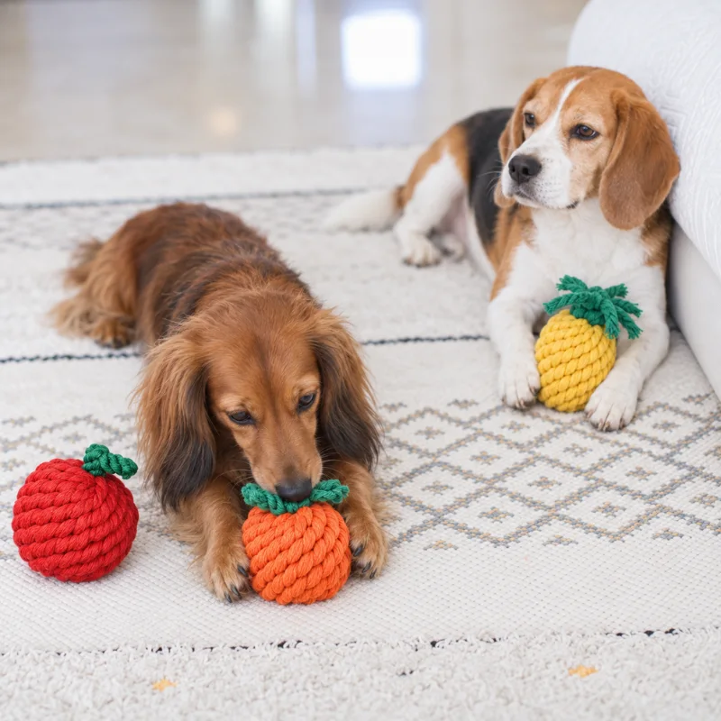 Two little dogs relaxing on a rug with pineapple, orange and apple rope toys, showing natural carrying and gentle chewing play.