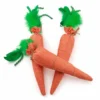 Long carrot cat wrestling toy with feather details designed for grabbing, hugging, and bunny kick play.