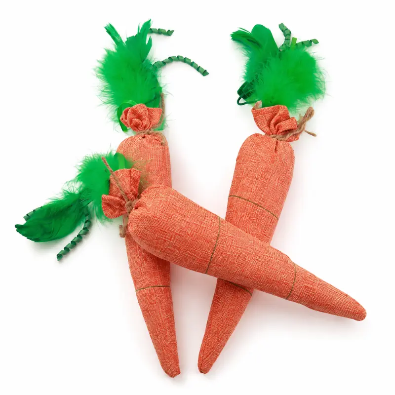 Long carrot cat wrestling toy with feather details designed for grabbing, hugging, and bunny kick play.