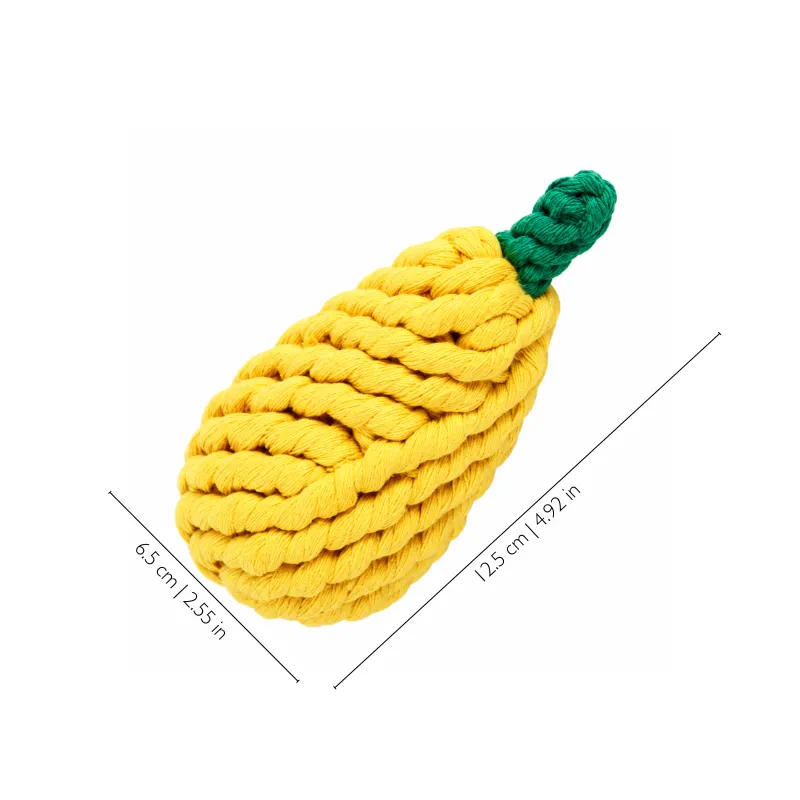 Yellow pear small dog rope toy with a green stem, measuring about 12.5 x 6.5 cm with a longer grip area.
