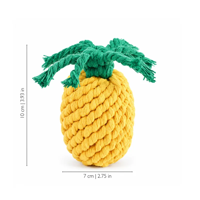 Yellow pineapple small dog rope toy with green rope leaves, measuring about 10 x 7 cm for easy carrying and play.