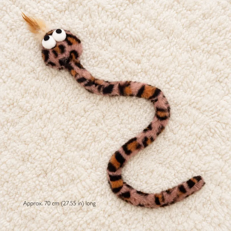 70cm pink leopard cat kicker toys with long plush snake design for cats to grab and bunny kick.