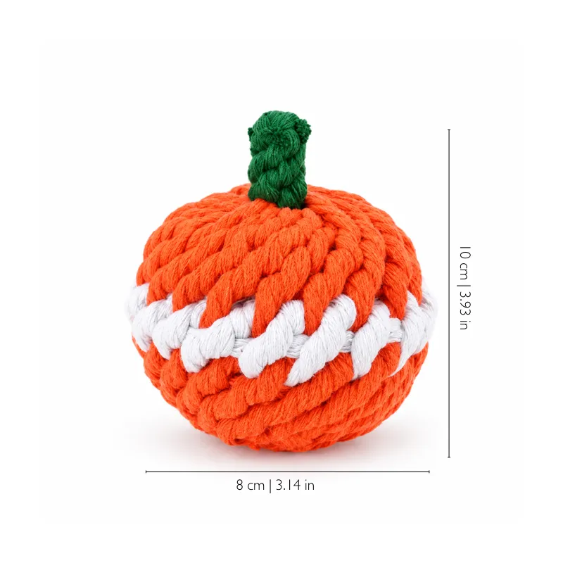 Orange pumpkin shaped cotton rope dog toy with size measurement, showing a rounded vegetable design made for puppies and small dogs to hold and carry.