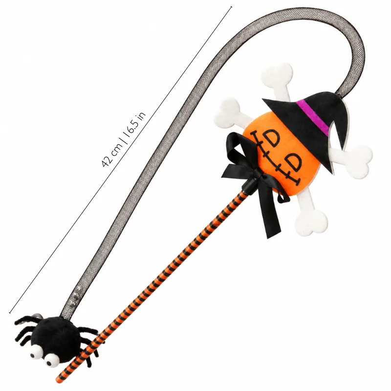 Pumpkin witch spider cat toy wand with felt Halloween design and stretchy web details for playful chasing games.