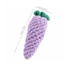 Purple eggplant vegetable dog toy made with braided cotton rope, featuring a compact shape and size guide for small dogs who enjoy chewing and carrying toys.