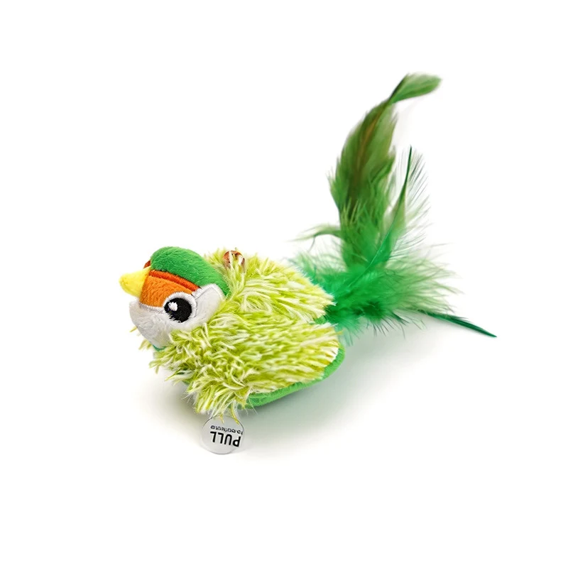 simulated-chirping-bird-cat-toy-four-color-options Simulated chirping bird cat toy available in Blue Chickadee Green Parrot Yellow Goldfinch and Brown Sparrow.