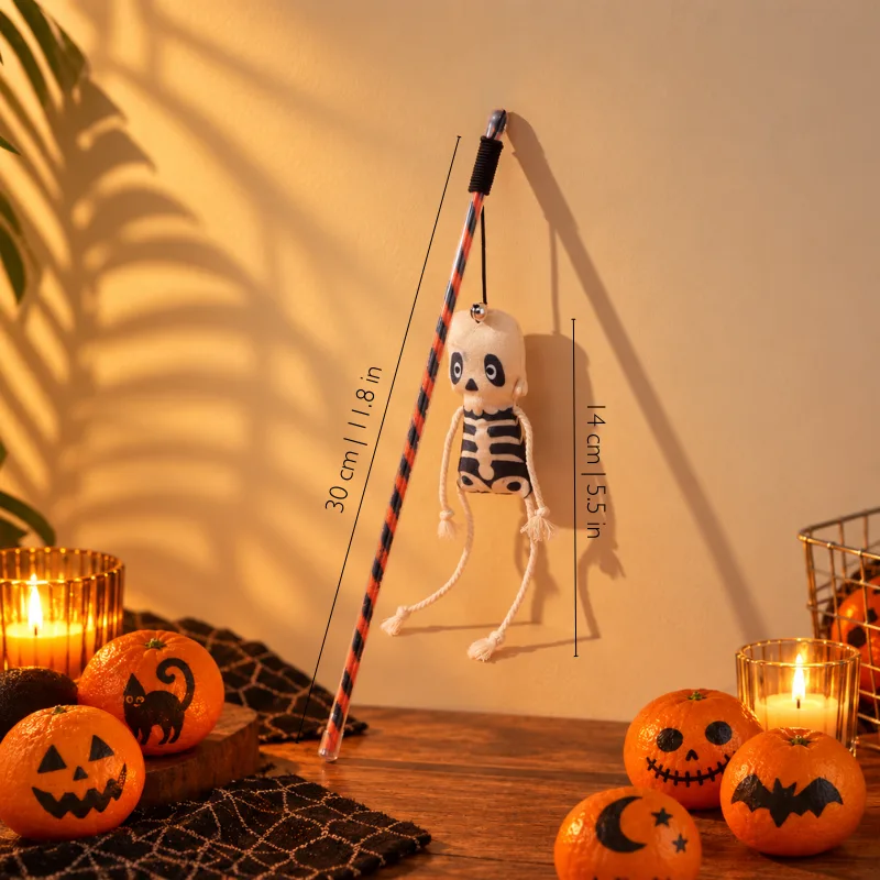 Skeleton Halloween cat toy wand with feather details showing size for interactive play toys for cats.