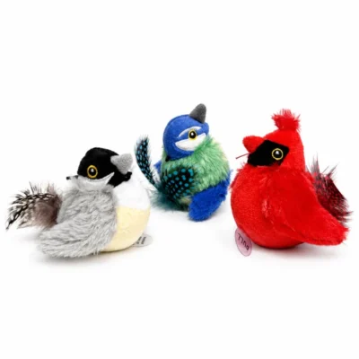 Three bird toys for cats including Gray House Sparrow, Red Cardinal, Green Parakeet, Brown Sparrow, and Song Sparrow designs.