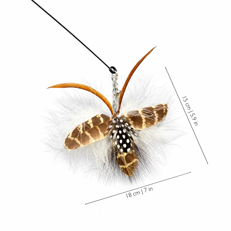 Woodland Camouflage Butterfly chaser cat toy featuring brown patterned wings, fluffy feather details, and size measurements for chasing and pouncing play.