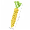 Yellow carrot shaped cotton rope dog toy with detailed size measurement, showing the braided rope texture and compact design for puppies and little dogs.