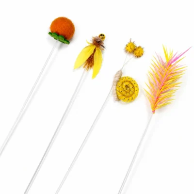 Four autumn woodland cat toy wand attachments—Persimmon, Moth, Snail, and Wheat—displayed on clear wand stems.