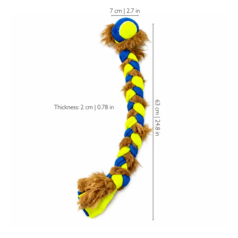 Blue fleece faux fur tennis ball tug toy with a 63 cm braided design, showing the long shape made for chasing, carrying and tugging with dogs.