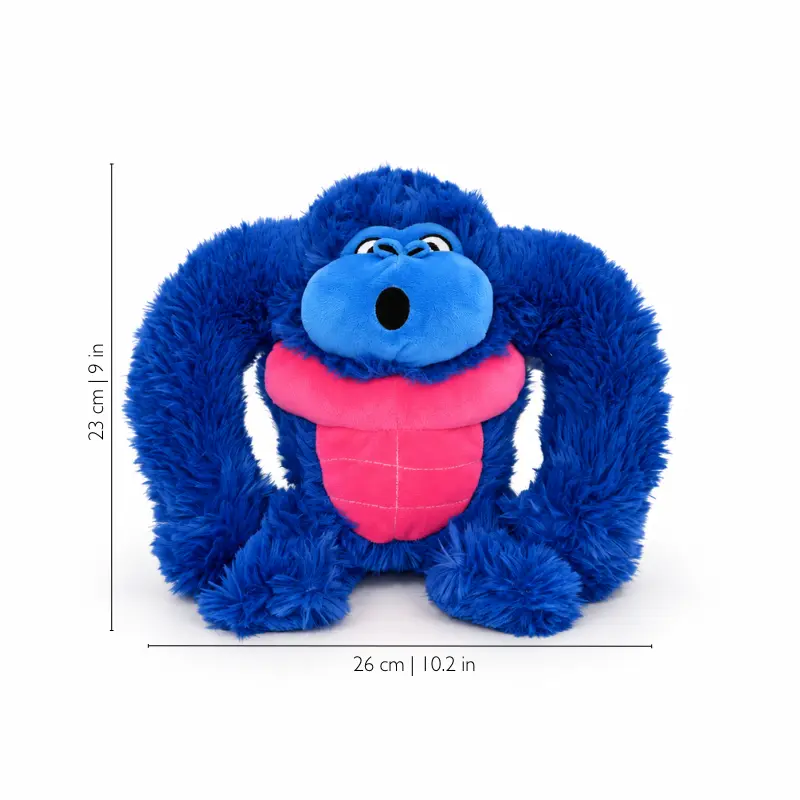 blue-gorilla-stuffed-animal-size Blue gorilla stuffed animal dog toy with shaggy royal-blue fur and a pink belly, shown with 26 cm width and 23 cm height markings.