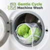 broccoli-plush-gentle-cycle-machine-wash A green broccoli plush toy sits in a mesh laundry bag inside a washing machine, illustrating gentle-cycle care for puppy stuffed toys.