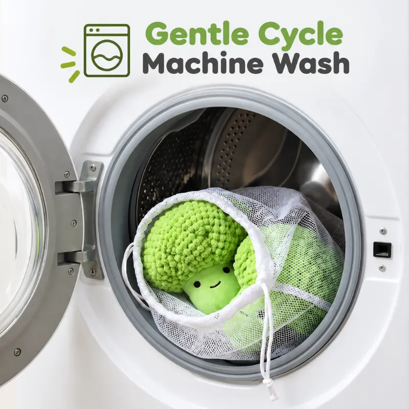 broccoli-plush-gentle-cycle-machine-wash A green broccoli plush toy sits in a mesh laundry bag inside a washing machine, illustrating gentle-cycle care for puppy stuffed toys.