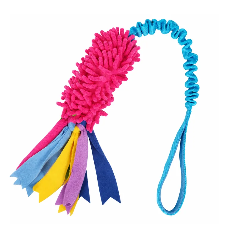 Bubblegum Pink soft chenille tug toy for dogs with a fluffy pink mop body, rainbow fleece strips, and a turquoise blue bungee handle.