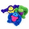 cheeky-gorilla-dog-plushie-three-colors Three cheeky gorilla dog plushies in blue, green and purple, with long fluffy arms, bright contrasting bellies and different facial expressions.