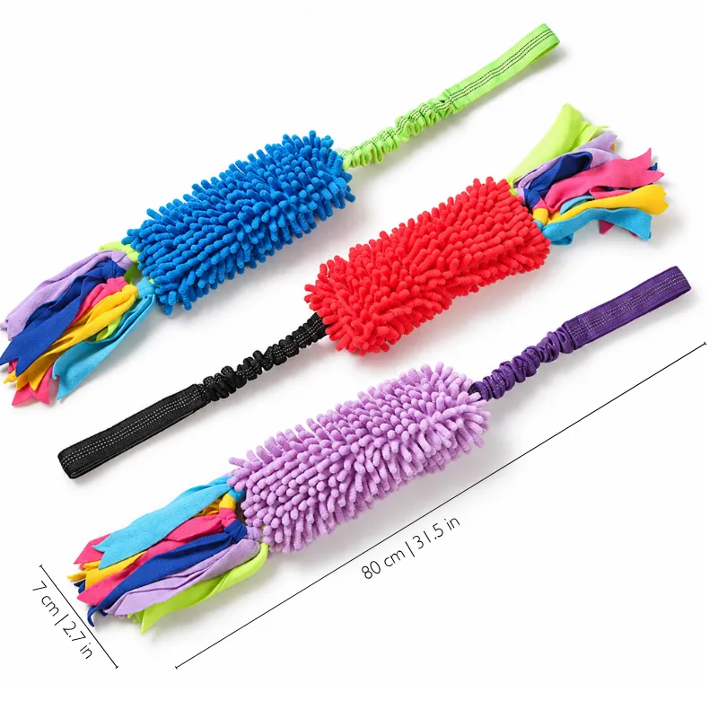 Three bungee tug toys for dogs in Electric Blue, Cherry Red, and Lavender Purple, with colorful fleece tails and dimensions of 80 cm long by 7 cm wide.