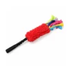 Cherry Red chenille mop dog toy with a fluffy red body, colorful fleece strips, and a black nylon bungee handle on a white background.