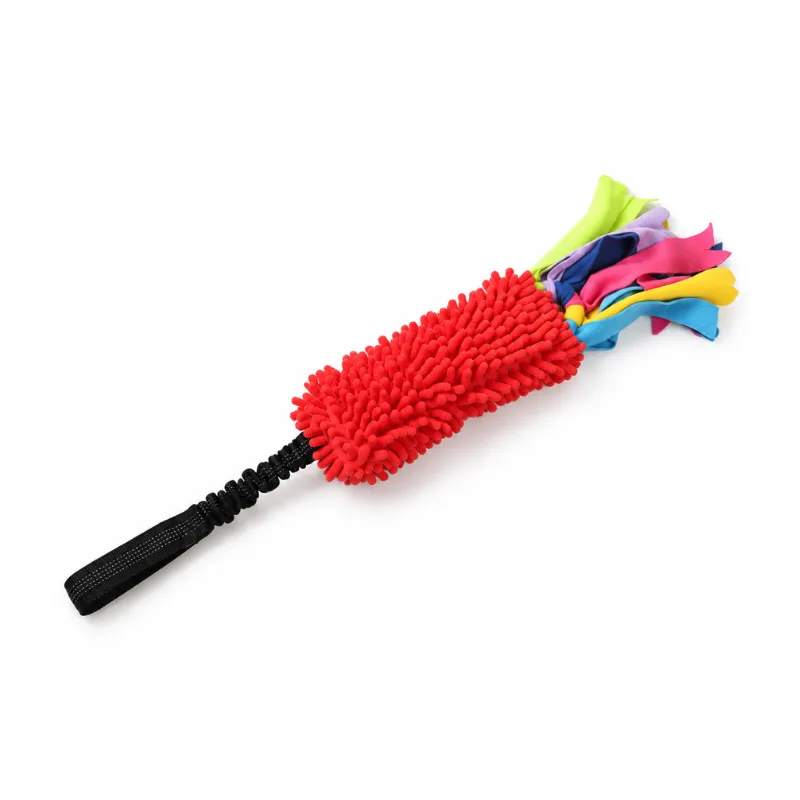 Cherry Red chenille mop dog toy with a fluffy red body, colorful fleece strips, and a black nylon bungee handle on a white background.