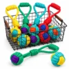 colorful-rope-ball-dog-toy-collection Collection of colorful rope ball dog toys and tug ropes featuring braided knot balls and loop handles, showing multiple color options for interactive dog play.