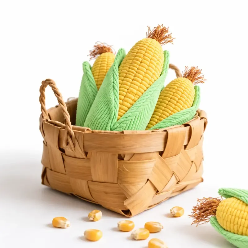 corn-plush-toys-for-dogs-basket Several cute corn plush toys for dogs arranged in a woven basket, showing their golden cobs, green husks, and tassel details.