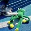 A gray-and-white dog lying on a blue outdoor surface with one paw resting on a green frog fleece dog toy with long limbs and yellow feet.