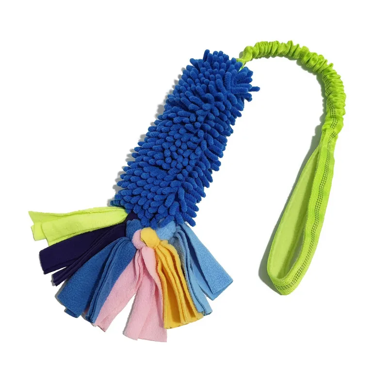 Electric Blue chenille mop tug toy with a bright blue textured body, multicolored fleece tails, and a lime green elastic loop handle.