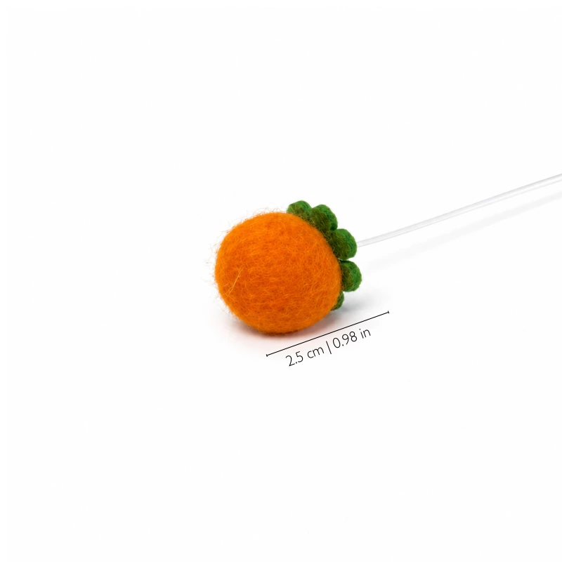 Orange wool-felt persimmon cat toy attachment with green leaf details and a 2.5 cm size guide, showcasing the soft texture of felted cat toys.