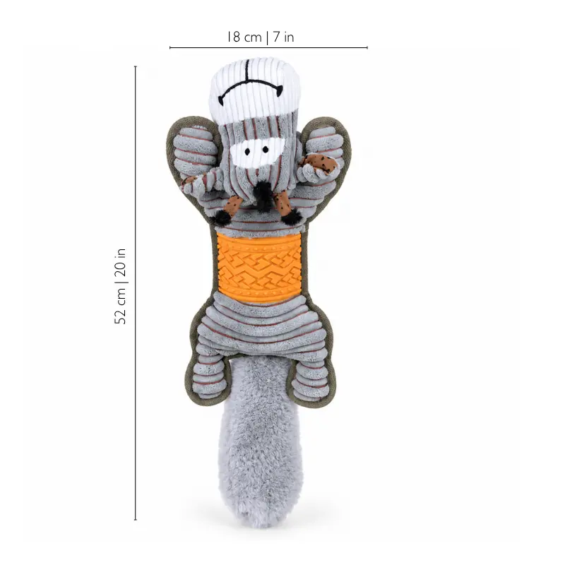 Full-length gray donkey dog plush with 52 cm length and 18 cm width marked, showing the size of this long snuggle plush.