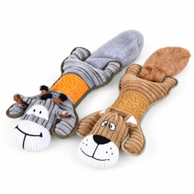 Gray donkey and tan dog silly plush toys shown side by side, highlighting their elongated bodies, textured TPR rings, and fluffy tails.