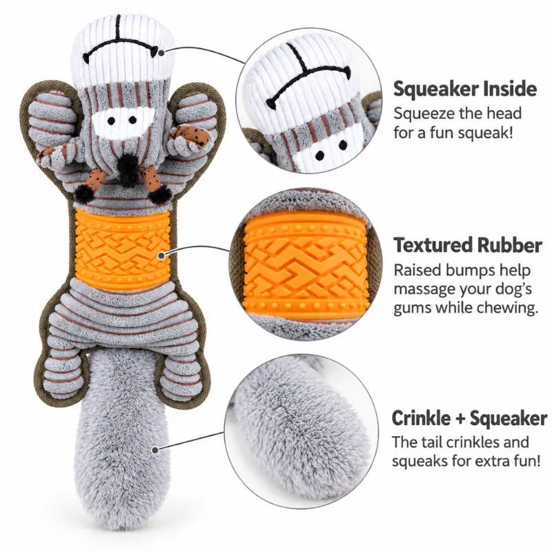 Feature infographic of the gray donkey TPR dog toy, highlighting the head squeaker, textured rubber ring, and crinkle-and-squeaker tail.