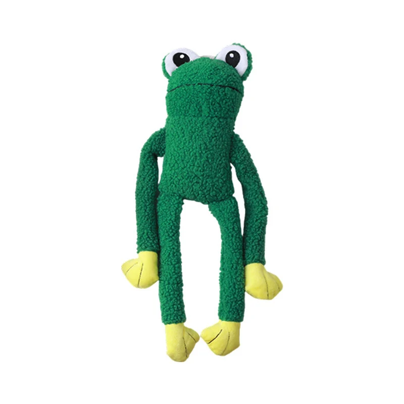 Green frog dog toy with large round eyes, curly fleece, yellow hands and feet, and long floppy arms and legs against a white background.