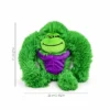 green-gorilla-plush-size Green gorilla plush with long shaggy arms, a purple belly and a mischievous smile, shown with 26 cm width and 23 cm height markings.