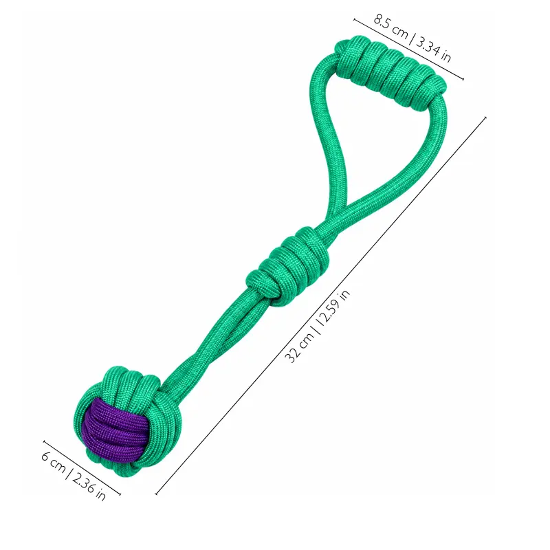 green-purple-tug-ball-for-dogs-size Green and purple tug ball for dogs with loop handle and size markings, showing the rope structure designed for owner-dog tug interaction.